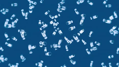 volando muchas botellas de vacunas en fondo azul. concepto médico. cura de virus. líquido transparente. animación de bucle 3d de vacunas.