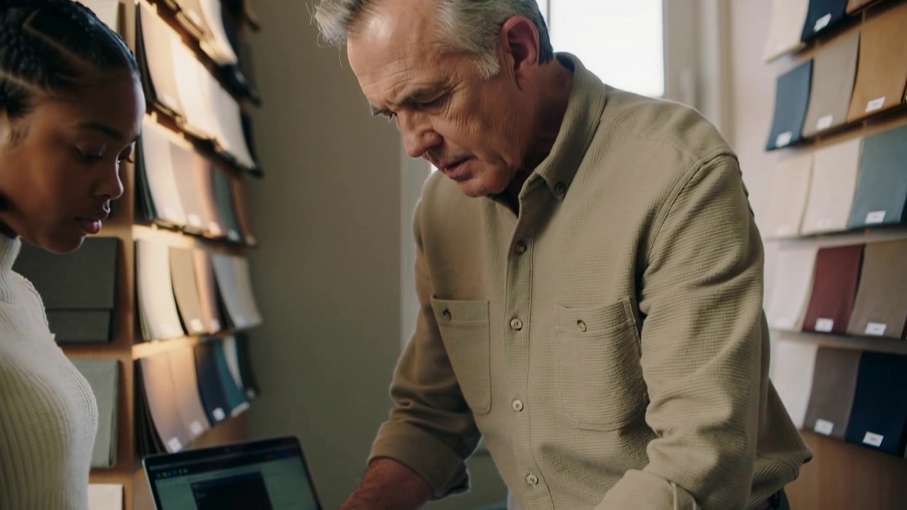 Flipping senior man in beige shirt checking swatches to wall samples in showroom picking materials