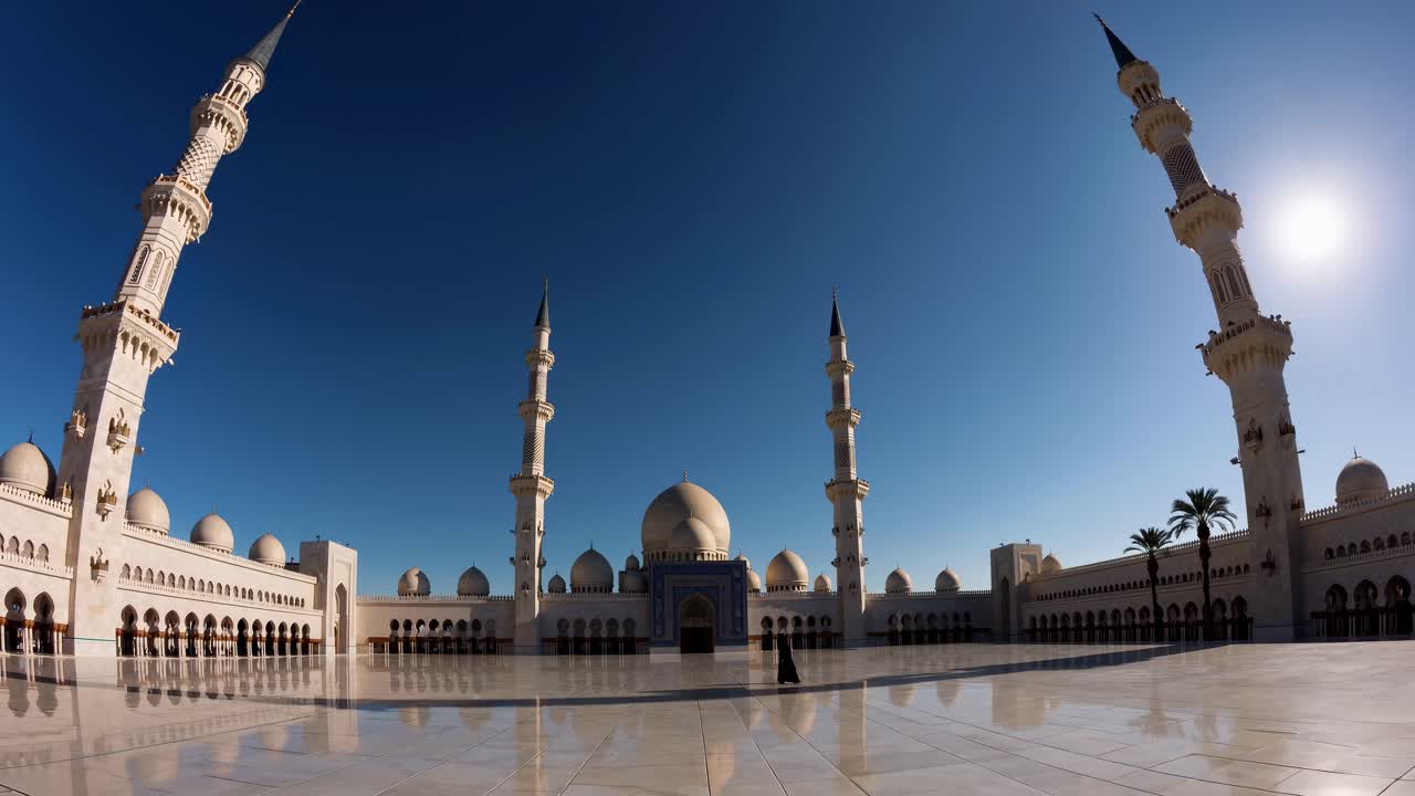 Wide-angle video shot of a grand mosque with towering minarets under a clear blue sky