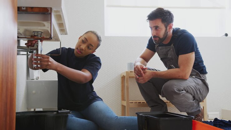 Male Plumber Teaching Female Apprentice To Fix Leaking Sink In Home Bathroom