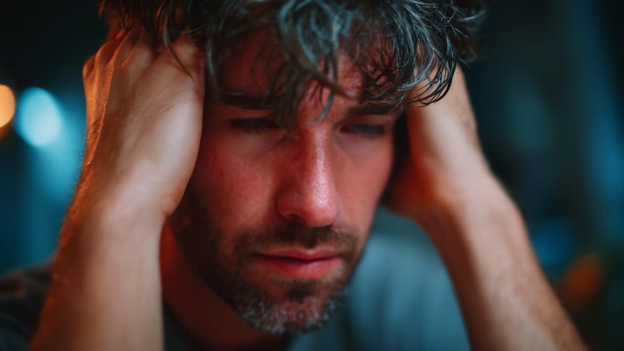 Un momento contemplativo catturato: un individuo introspettivo esprime pensieri profondi ed emozioni stringendosi la testa tra le mani, evocando una sensazione di lotta interiore