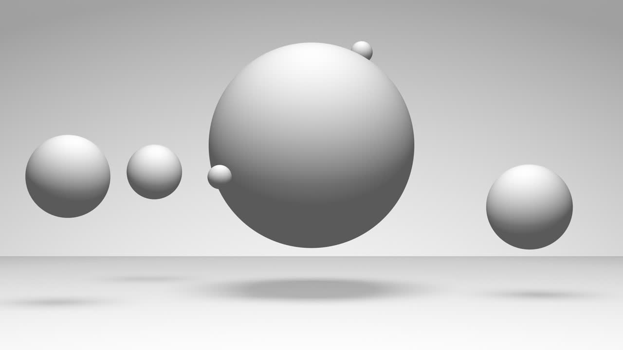 A looping animation of an abstract white planet with hovering, orbiting moons casting shadows against a gradient grey background