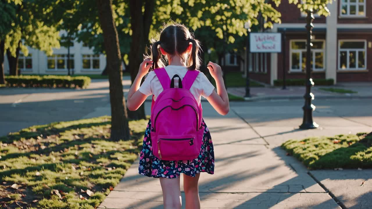 A video still of a young girl with a pink backpack walking to school. Shot from behind at eye level