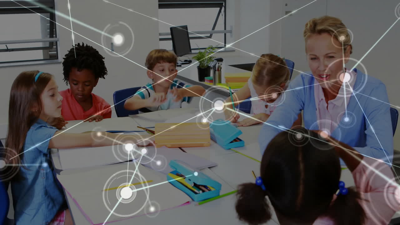 Mature female teacher guiding six students in classroom, showing network overlay on notebooks