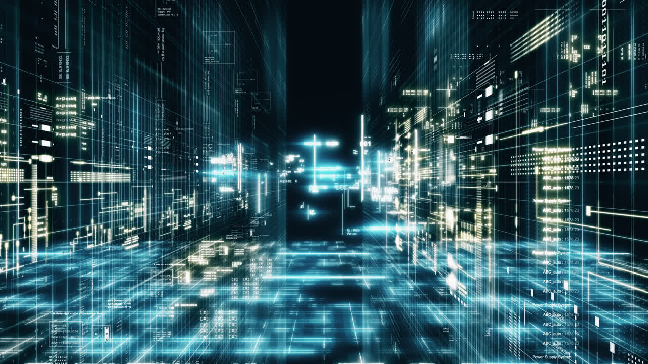 Futuristic 4K digital tunnel with glowing data streams and grid lines, ideal for technology, AI, innovation, cybersecurity, cloud computing, and digital transformation concepts