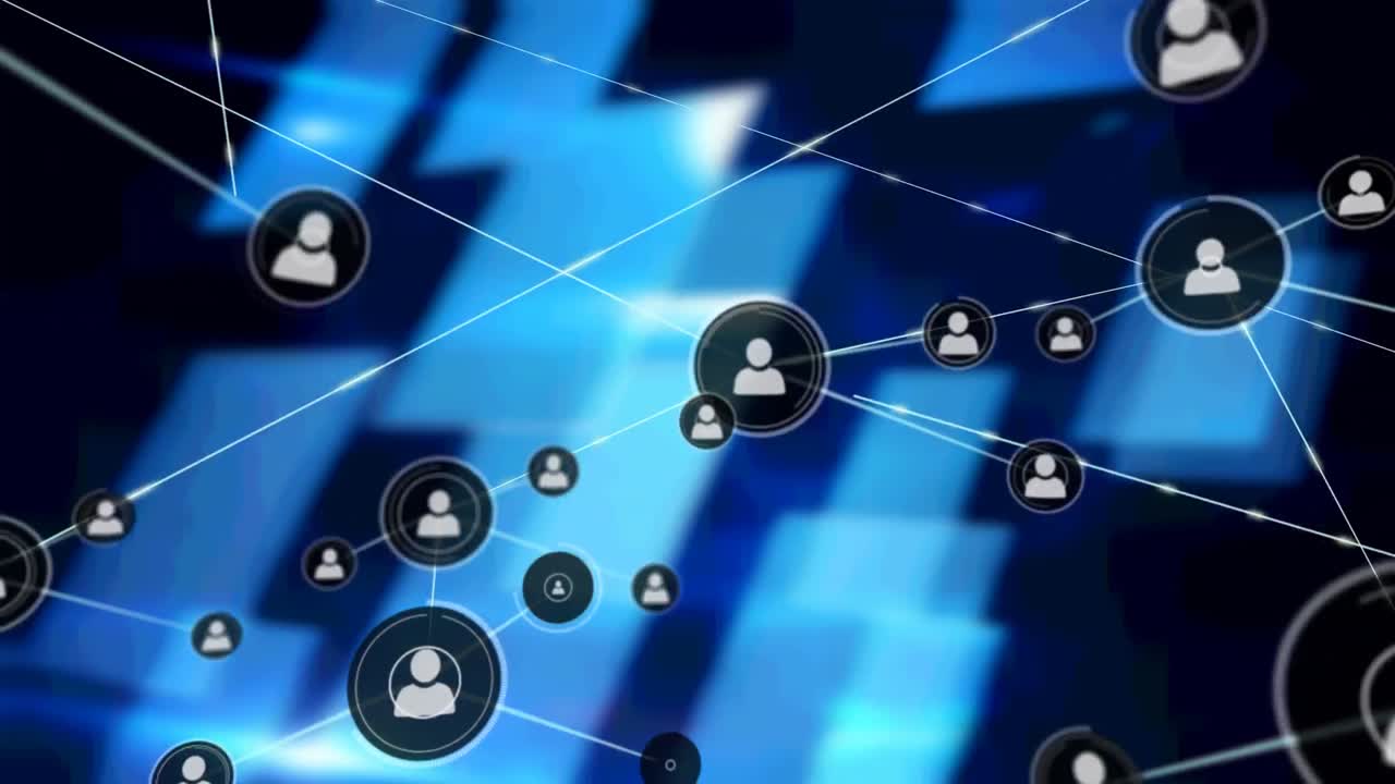 animación de redes de conexiones con iconos sobre pantallas azules