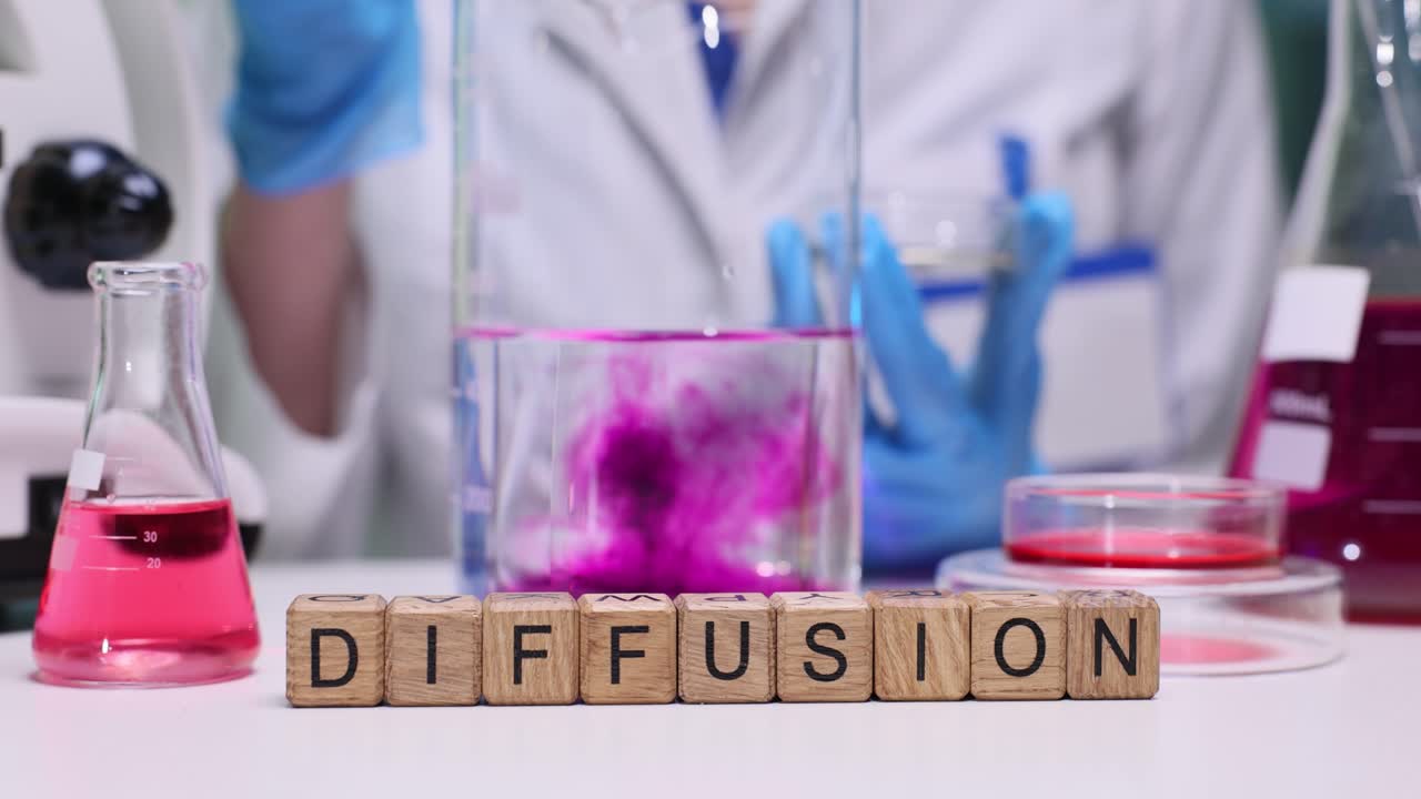 'Difüzyon' kelimesi ve bilim insanı suya mor pigment damlatıyor.