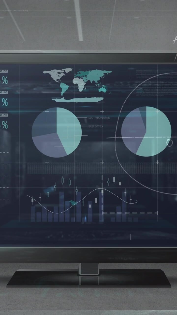 Animation of data processing over screen on grey background