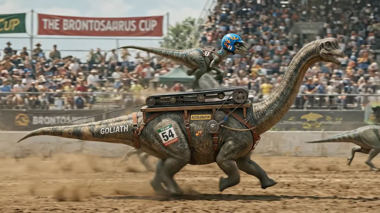 Emozionante corsa di dinosauri con un Brontosauro e un cavaliere su una pista.