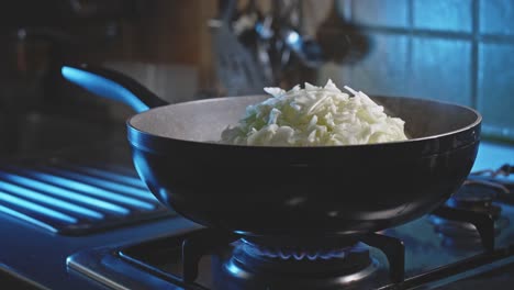 chef masculino mezclando ingredientes en un wok en una estufa de gas, toma de cocina casera