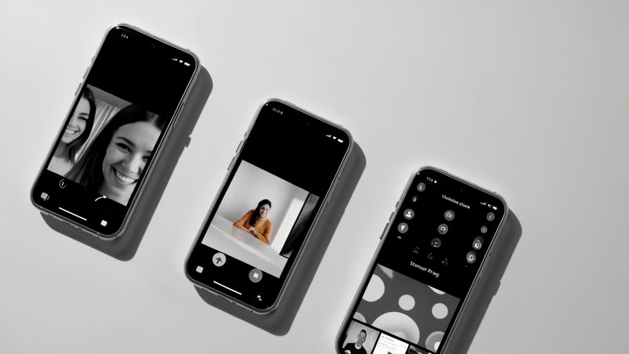 Three iPhones displaying video calls and photo galleries of people