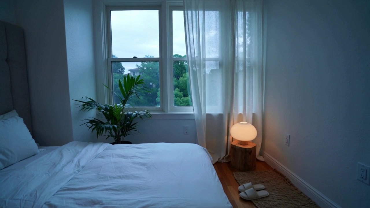 Sollevando una tenda velata, una leggera brezza fa ondeggiare una pianta da pavimento accanto al letto in casa, rivelando delle pantofole.