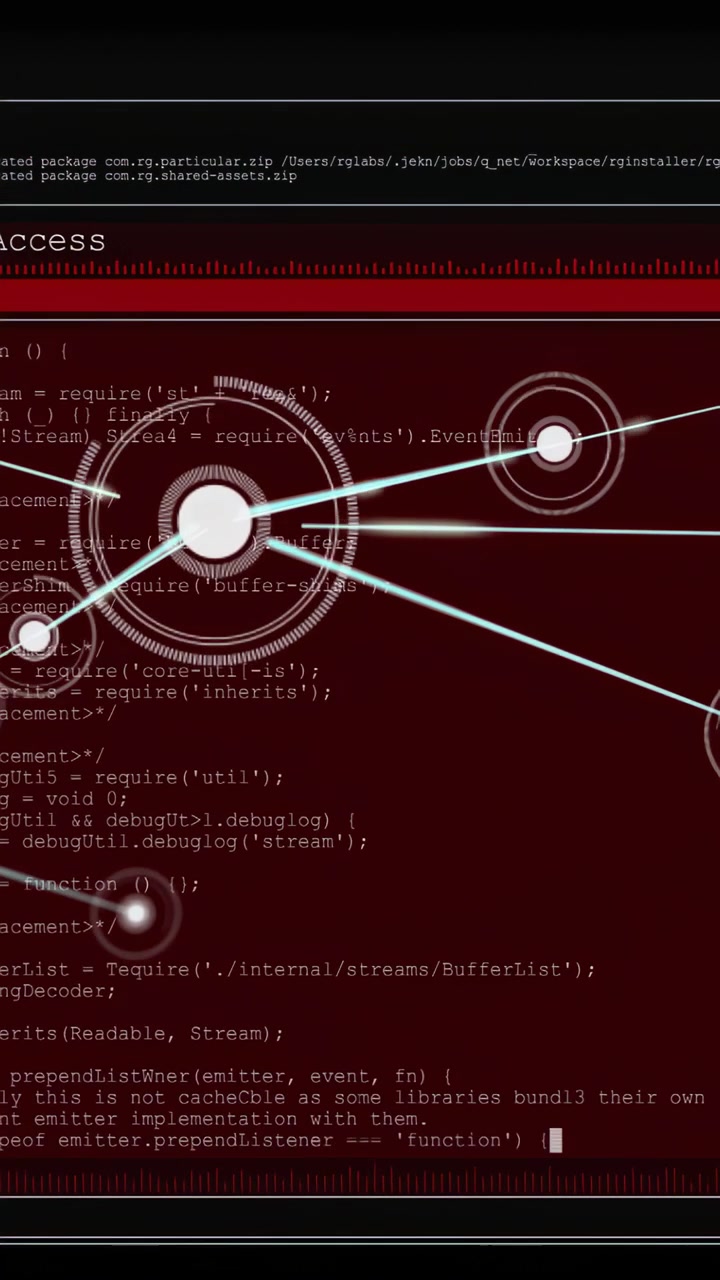 Vertical video: Core emitting cyan beams on red terminal starting tech access map and pulsing rings