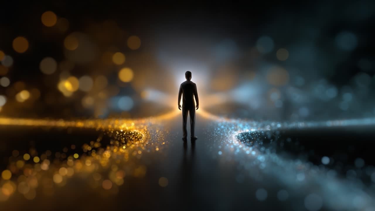 A silhouetted figure stands in a mystical space illuminated by contrasting light patterns, representing choices and pathways in a visually stunning abstract realm