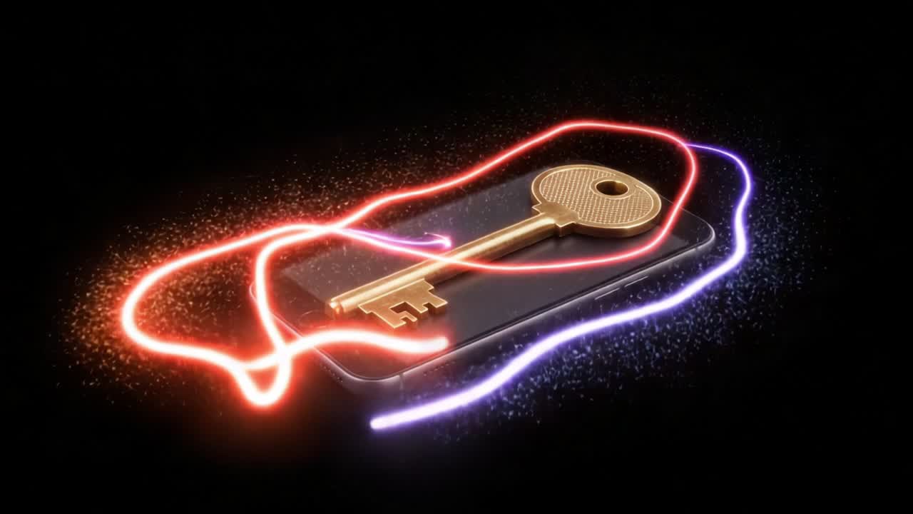 A Golden Key Emblematic of Unlocking Potential and Access, Interacting with a Smartphone, Representing Connectivity and Modern Technology in a Digital Era