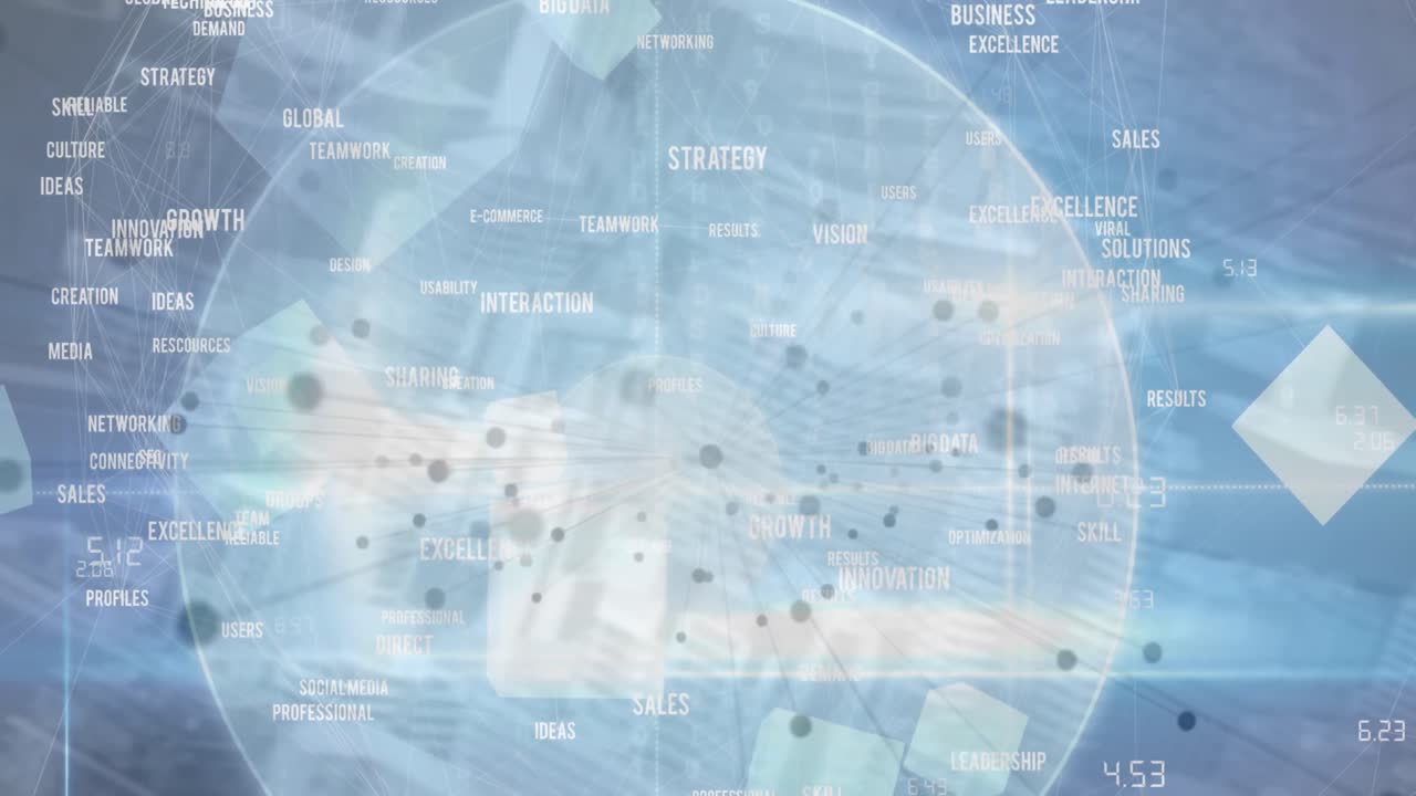 비즈니스 개념 아이콘 네트워크의 애니메이션, 파란색 배경에 검은 점과 밝은 점