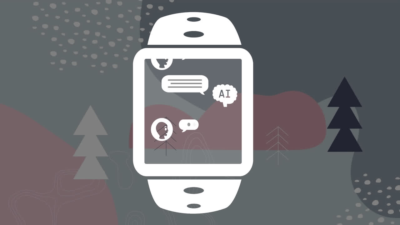 animación de un texto, iconos y procesamiento de datos sobre el paisaje de invierno