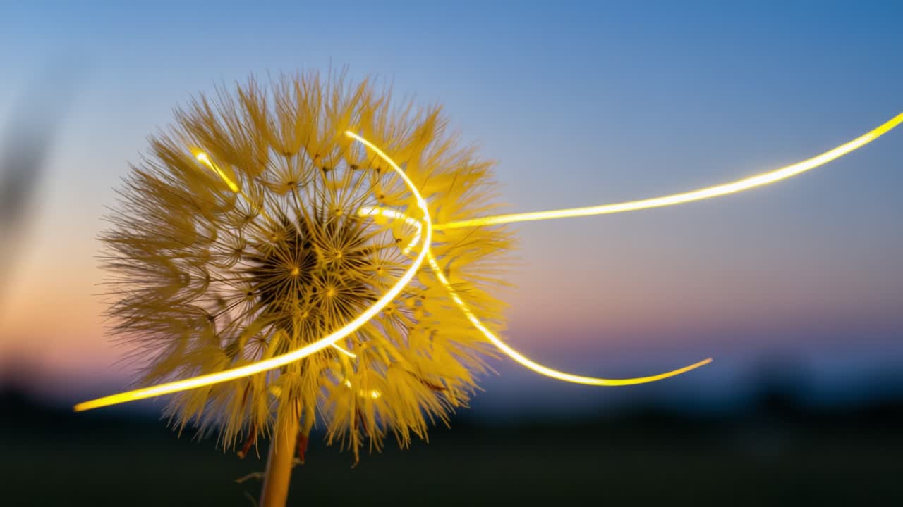 A mesmerizing transition of a dandelion from its puffed stage to vibrant yellow, capturing the ethereal beauty of nature at twilight with glowing trails in the background