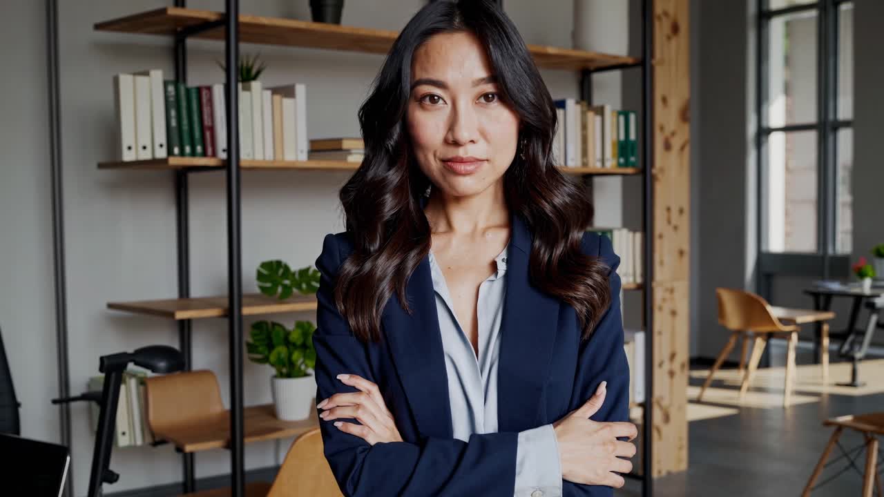 Professional businesswoman standing confidently in contemporary office, arms crossed, embodying leadership and success with poised, assertive demeanor and elegant corporate presence
