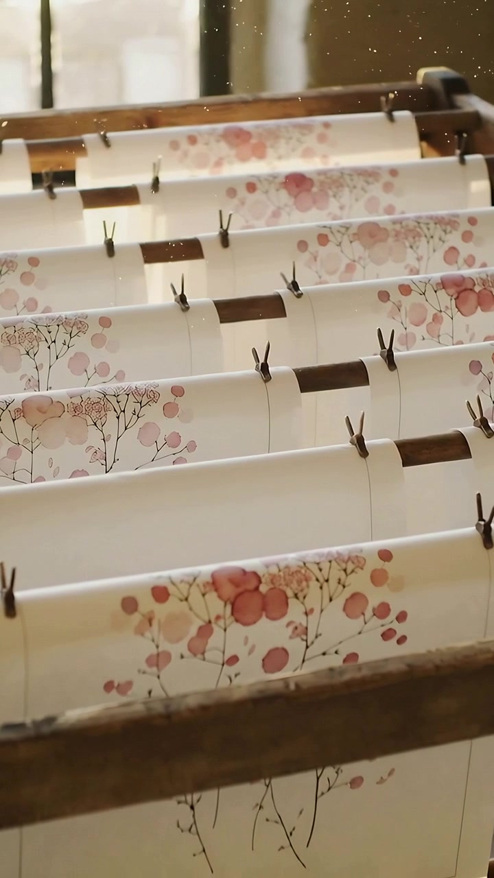 Video verticale: Movimento di carrello della telecamera per rivelare pannelli di tessuto con boccioli rosa in studio