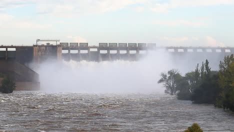 Sluice-gates-open-on-a-lake-dam-wall,-Vaaldam-South-Africa