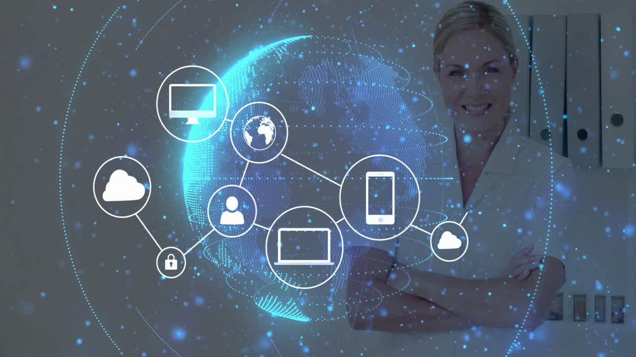 Female professional standing in clinic, showing healthcare tech globe with cloud padlock icons