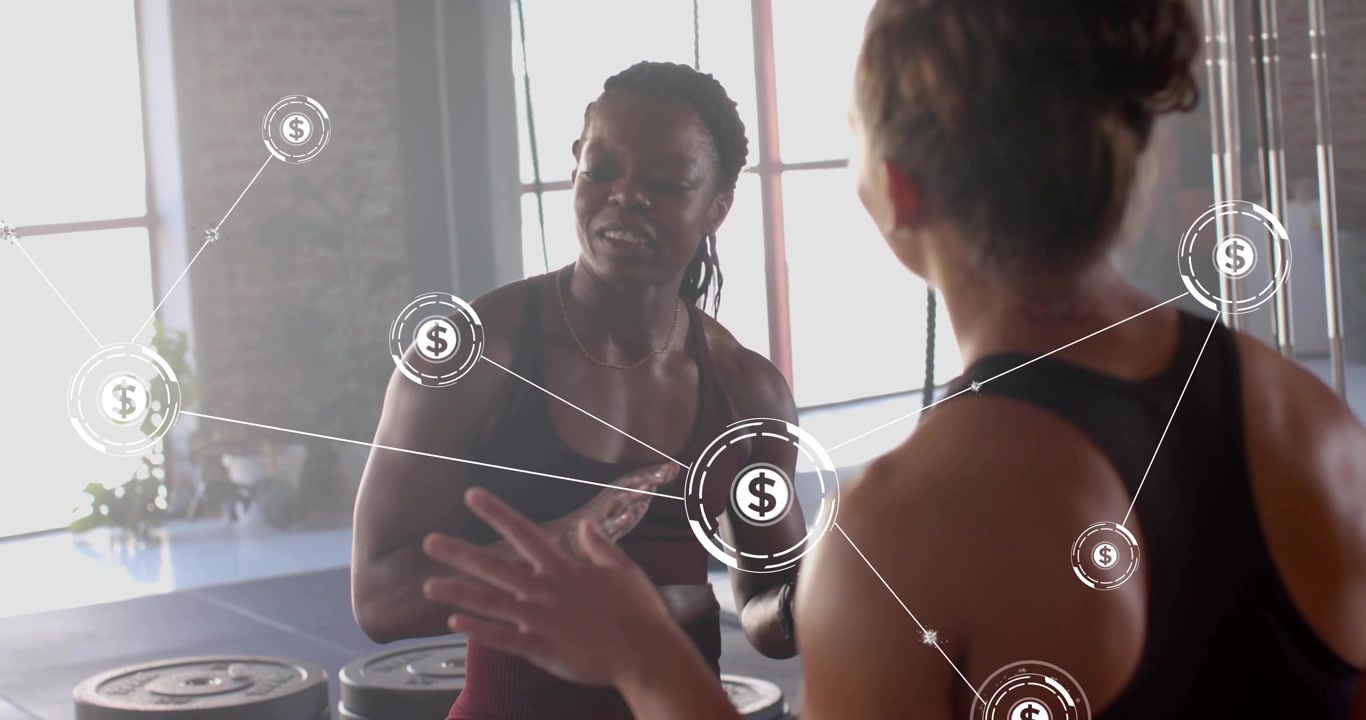 Trainer gesturing toward client generating dollar sign network enveloping them in fitness finance