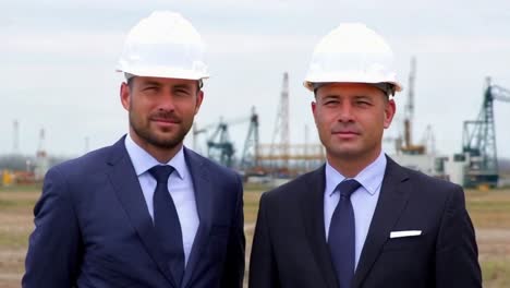 close-up of a two engineers in suits and white helmet at an oil refinery.