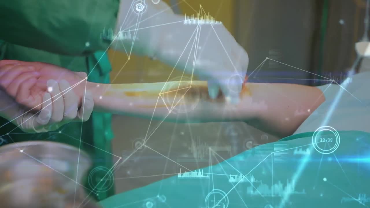 수술실에서 다양한 외과 의사와 환자에 대한 데이터 처리 애니메이션