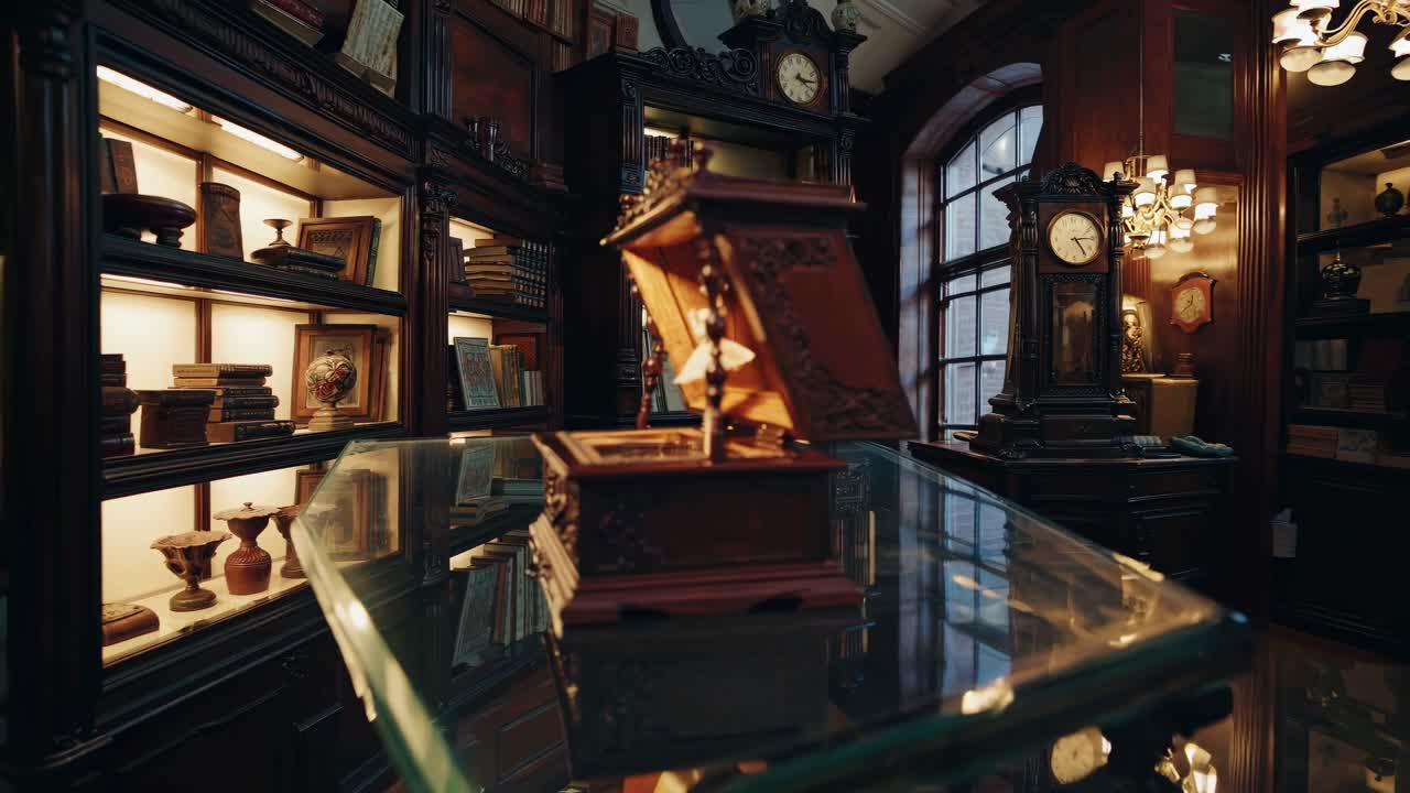 A vintage music box in an antique shop, captured from a low angle