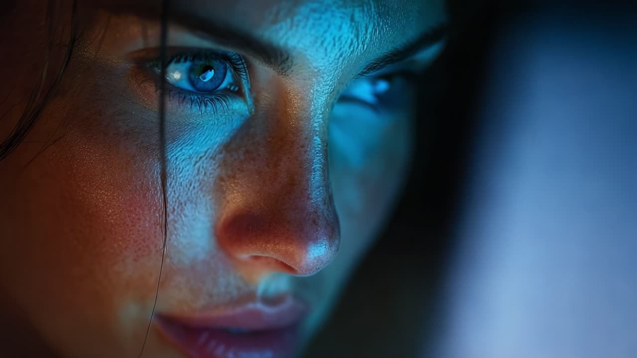 Close-Up Study of a Woman's Intense Expression Illuminated by a Screen, Capturing the Intricacies of Emotion Through Color and Light Dynamics