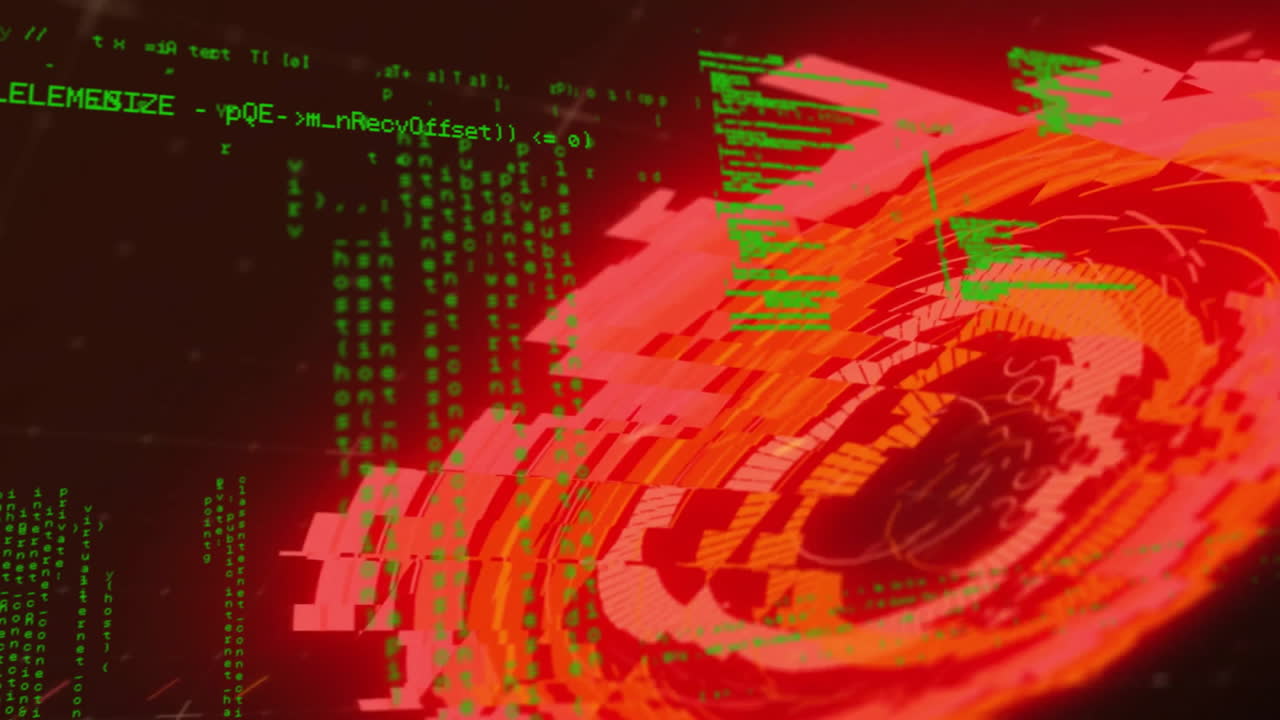 Rotating animation of digital interface with green code and circular patterns