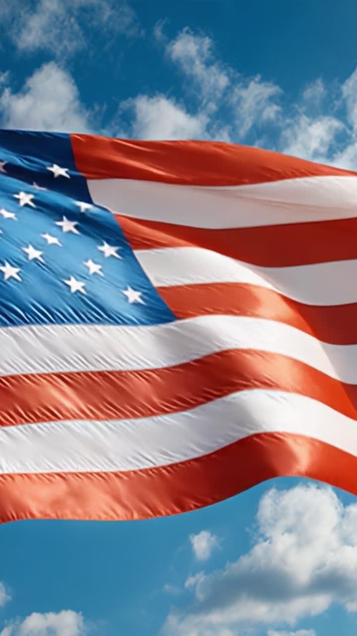 Una splendida dimostrazione di libertà: la bandiera americana sventola con orgoglio contro un cielo vivido, simboleggiando unità e patriottismo in ogni piega e striscia