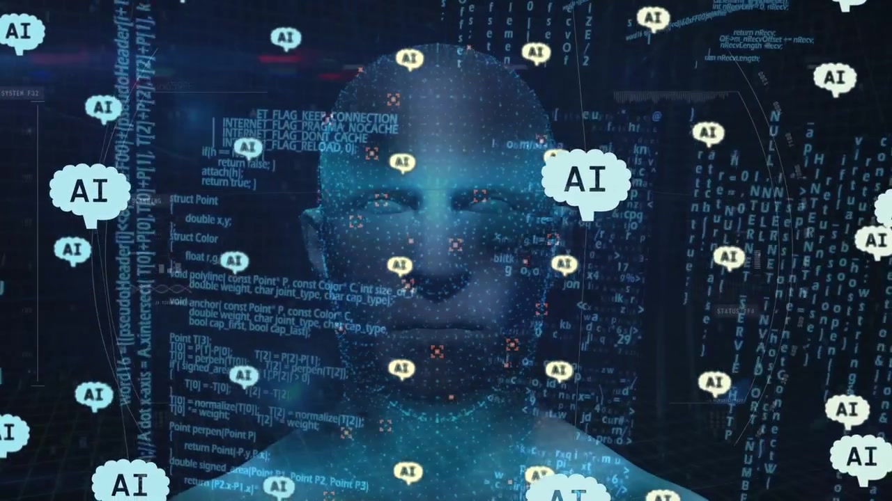 Animation of ai text in brains over human representation against computer language in background