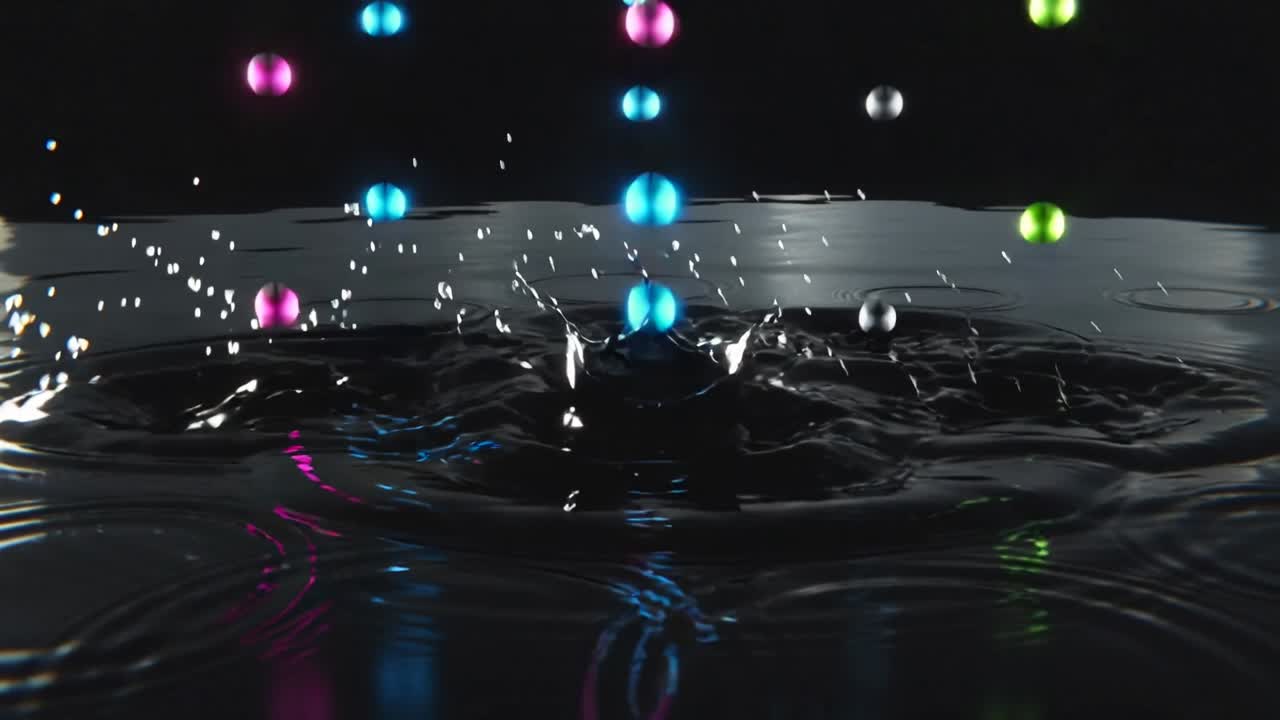 Tetesan berwarna jatuh mengenai kolam hitam reflektif di studio gelap, menciptakan mahkota dan riak.