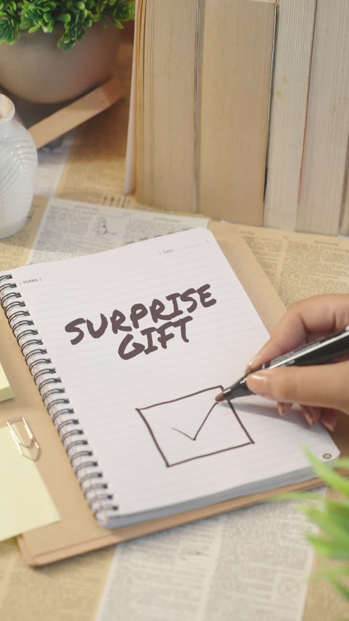 VERTICAL VIDEO OF TICKING OFF SURPRISE GIFT FROM CHECKLIST