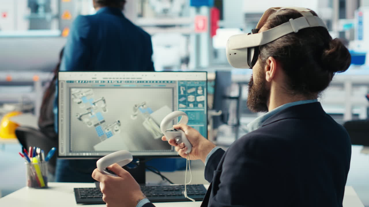 Engineer in photovoltaics factory using VR headset to diagnose systems