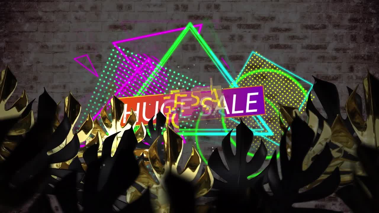 벽돌 배경에 잎 위에 거대한 판매 텍스트와 모양의 애니메이션