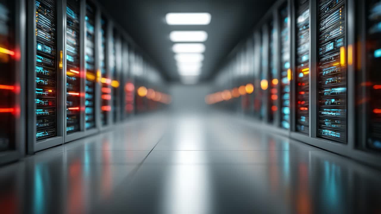 Et indsigtsfuldt kig på et moderne datacentre fyldt med højtydende servere og avanceret netværksudstyr, der viser hjertet af digital infrastruktur