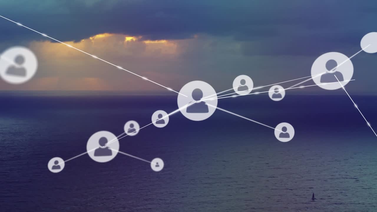 Animation af netværk af forbindelser med personikoner over hav, himmel med skyer