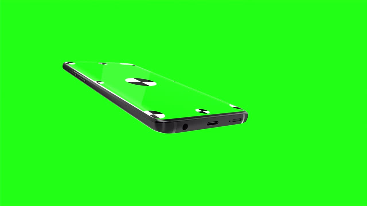 3d render of smartphone with green screen and marks for tracking - phone rotations and movements including vertical and horizontal positions. 3D rendering.