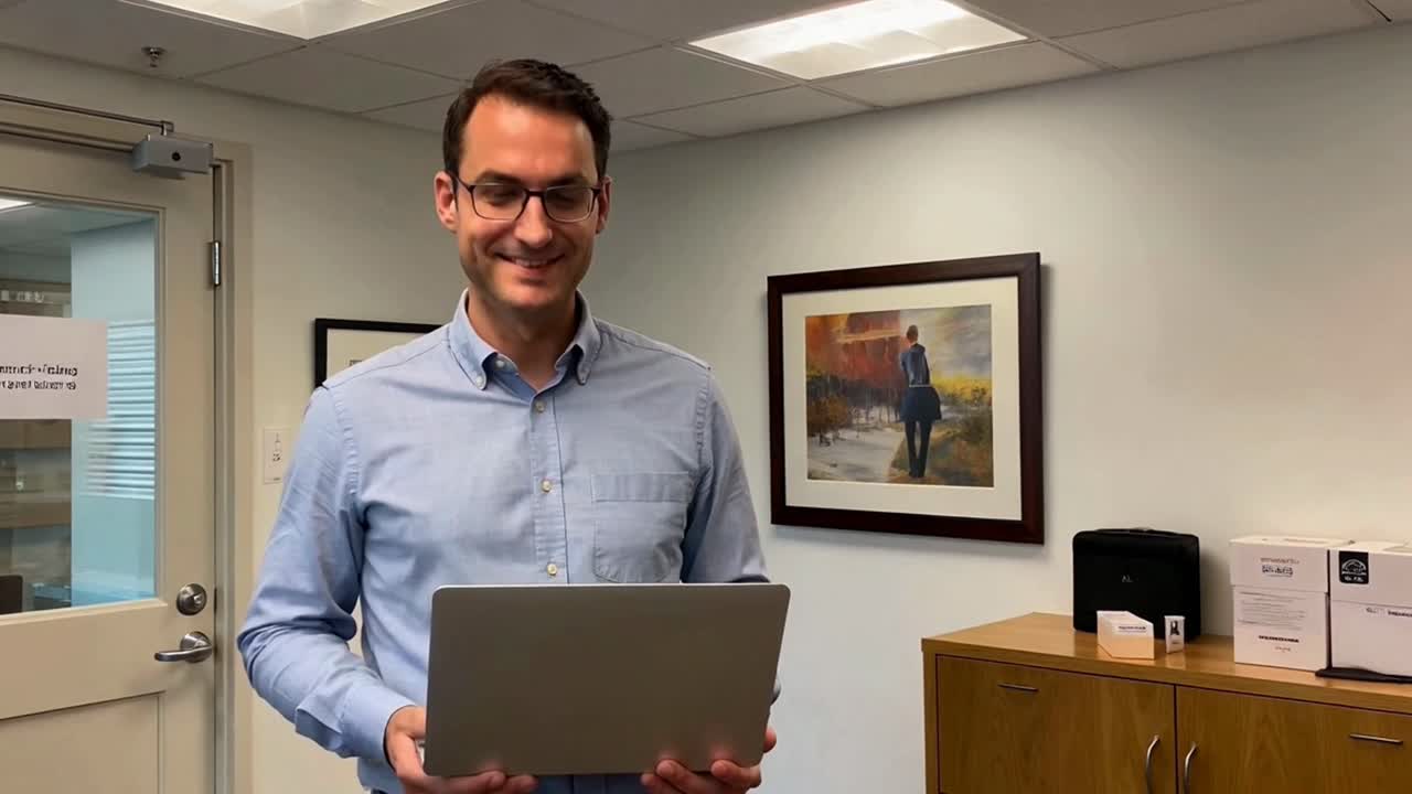 Professionista felice sorride e tiene un laptop in un ufficio moderno.