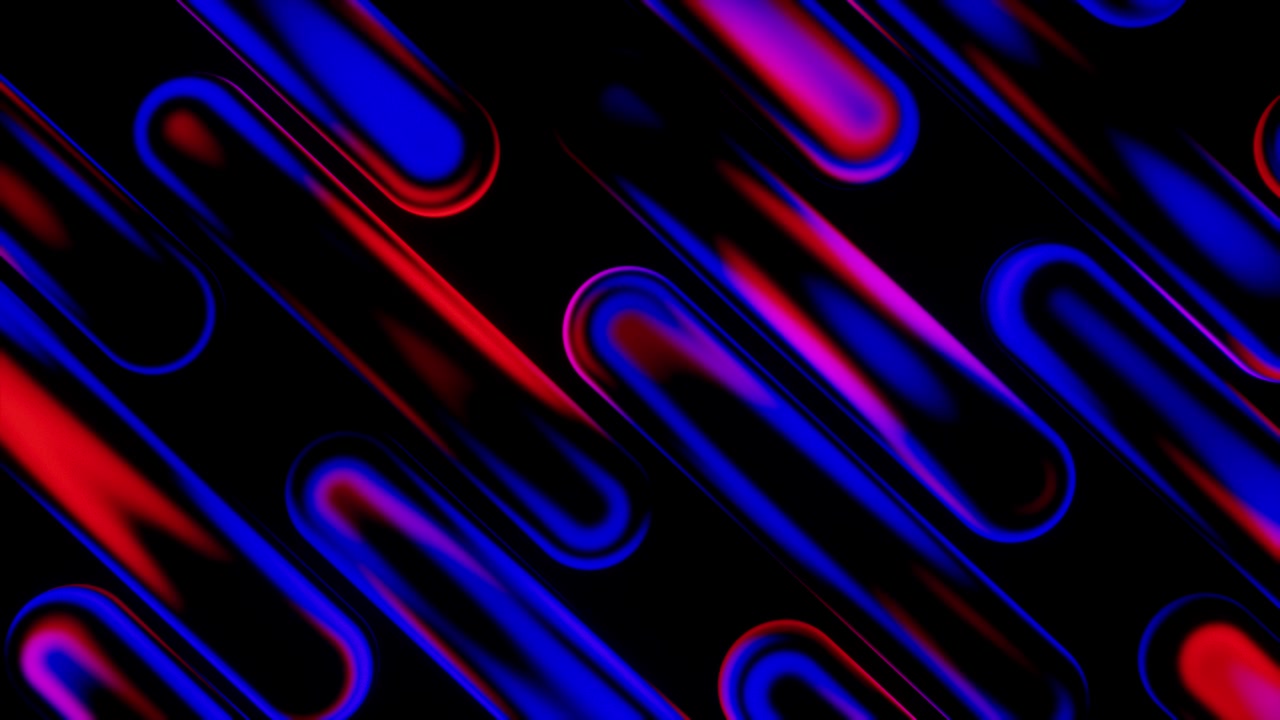 Abstraktní pozadí zářících modrých a růžových neonových zaoblených tvarů.