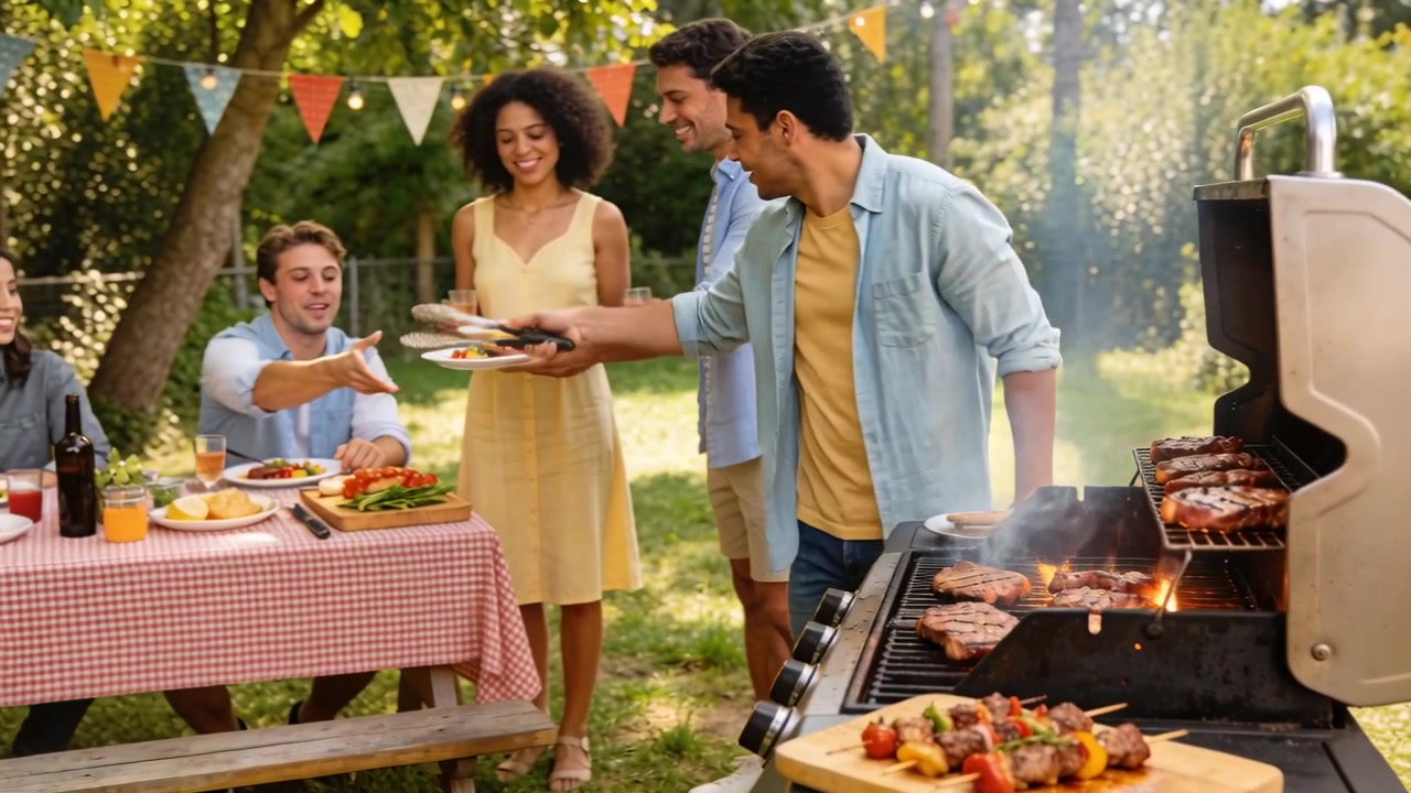 Grilling man in blue flipping serving meat at backyard grill as guests holding plates, copy space
