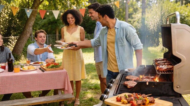 Grilling man in blue flipping serving meat at backyard grill as guests holding plates, copy space