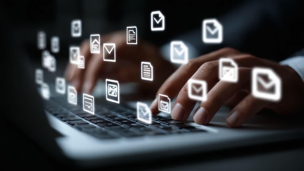 A Close-Up View of Hands Typing on a Laptop Keyboard Surrounded by Floating Digital Icons, Representing Communication and Information Transfer