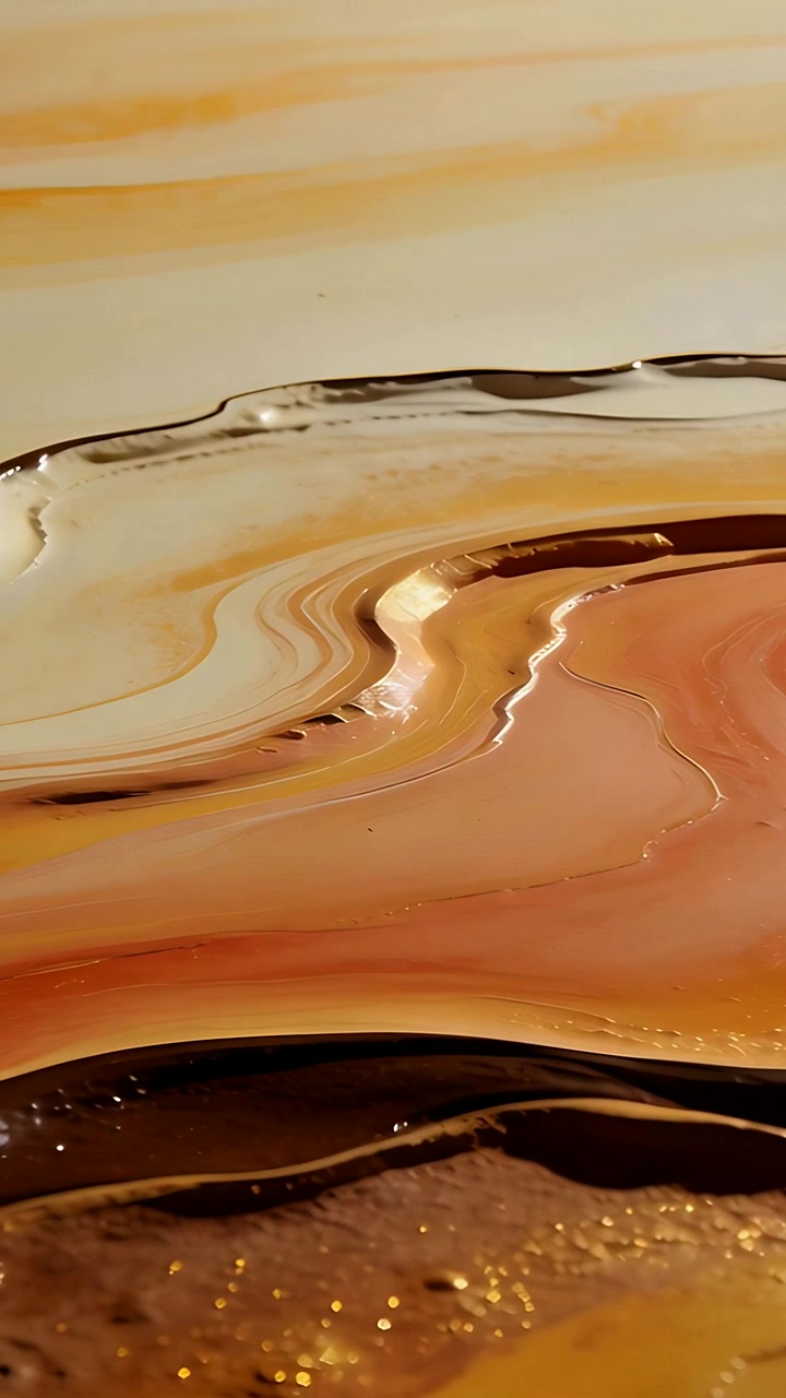 Vertical video: Flowing resin settling by surface force in shop as camera drifting with gold flecks