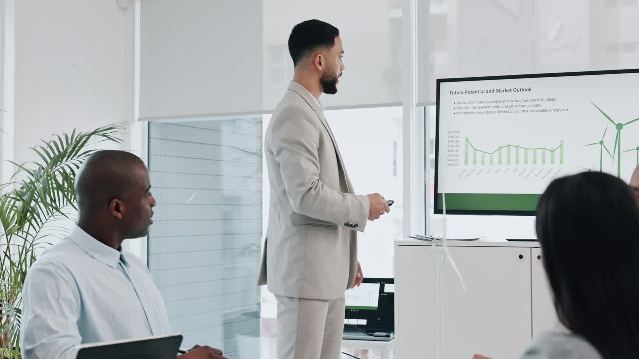 Business man, windmill presentation