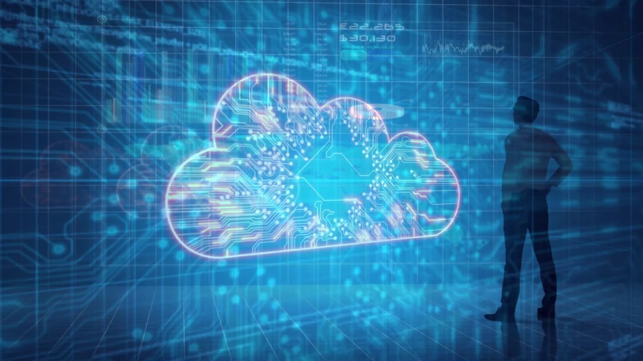 Silhouette male analyzing blockchain data by initiating glowing cloud amid Bitcoin symbols and grid