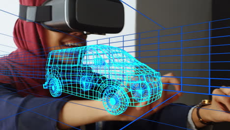 animación de dibujo 3d digital de un coche sobre una mujer usando auriculares vr
